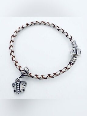 PANDORA Cream Braided Leather Bracelet & 925 Friends Forever Butterfly Dangle